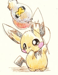 Size: 1147x1477 | Tagged: safe, artist:pichu_no_hito, drifloon, fictional species, mammal, pichu, feral, nintendo, pokémon, 2023, ambiguous gender, ambiguous only, duo, duo ambiguous