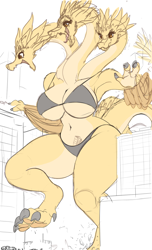 Size: 1400x2302 | Tagged: safe, artist:raps, king ghidorah (godzilla), fictional species, kaiju, anthro, godzilla (series), 2023, bikini, breasts, clothes, huge breasts, macro, multiple heads, rule 63, swimsuit, tail, thick thighs, thighs, wide hips