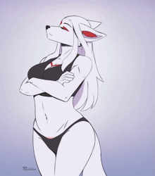Size: 703x800 | Tagged: safe, artist:purplelemons, oc, oc only, oc:satomi (purplelemons), canine, fictional species, fox, kitsune, mammal, anthro, 2023, 2d, 2d animation, animated, bedroom eyes, belly button, bikini, black nose, blushing, breasts, clothes, crossed arms, digital art, ears, eyelashes, eyes closed, female, frame by frame, fur, gif, hair, looking at you, simple background, solo, solo female, swimsuit, tail, tail wag, thighs, tsundere, unamused, vixen, vulva blush, wide hips