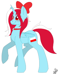 Size: 570x730 | Tagged: safe, artist:greenmarta, oc, oc only, alicorn, equine, fictional species, mammal, pony, feral, hasbro, my little pony, 2023, blue body, blue fur, bow, closed wings, collar, cutie mark, ears, female, fluff, folded wings, fur, hair, hair bow, hooves, horn, legs, looking away, looking left, mane, mare, multicolored hair, multicolored mane, multicolored tail, nation ponies, poland, ponified, pose, red bow, red collar, red eyes, red eyeshadow, red hair, red mane, red tail, signature, simple background, smiling, solo, solo female, spiky hair, spiky mane, spiky tail, standing, stylized, tail, transparent background, two toned hair, two toned tail, unicorn horn, white hair, white mane, white tail, wings
