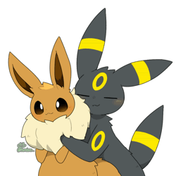Size: 960x960 | Tagged: safe, artist:tontaro, eevee, eeveelution, fictional species, mammal, umbreon, nintendo, pokémon, 2023, 2d, 2d animation, ambiguous gender, ambiguous only, animated, blushing, casual nudity, complete nudity, cuddling, cute, digital art, duo, duo ambiguous, ears, emanata, eyes closed, fluff, frame by frame, fur, gif, heart, hug, neck fluff, nudity, open mouth, signature, simple background, tail, tail wag, tongue, white background