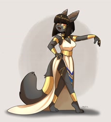 Size: 2800x3060 | Tagged: safe, artist:okaliz, cat, feline, mammal, anthro, 2023, anklet, armlet, black body, black fur, black hair, bottomwear, bracelet, breasts, choker, cleavage, clothes, digital art, dress, ear piercing, ears, egyptian, face paint, female, fur, hair, hand on hip, jewelry, looking at you, necklace, open mouth, open smile, orange eyes, paws, piercing, side slit, signature, simple background, slit pupils, smiling, smiling at you, solo, solo female, tail, tail jewelry, tail ring, total sideslit, wide hips