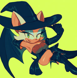 Size: 1485x1507 | Tagged: safe, artist:ochi06, rouge the bat (sonic), bat, mammal, sega, sonic the hedgehog (series), bat wings, blue eyeshadow, boots, clothes, costume, female, fur, gloves, green eyes, halloween, halloween costume, hat, headwear, high heel boots, high heels, holiday, lipstick, looking at you, makeup, shoes, solo, solo female, strapless, tail, webbed wings, white body, white fur, wings, witch costume, witch hat