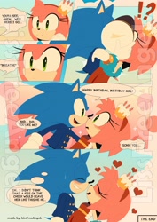 Size: 2480x3508 | Tagged: safe, artist:lissfreeangel, amy rose (sonic), sonic the hedgehog (sonic), hedgehog, mammal, sega, sonic the hedgehog (series), 2023, blushing, clothes, comic, duo, exclamation point, eyelashes, eyes closed, green eyes, hat, headwear, heart, high res, interrobang, male/female, question mark, shipping, smiling, sonamy (sonic), the murder of sonic the hedgehog