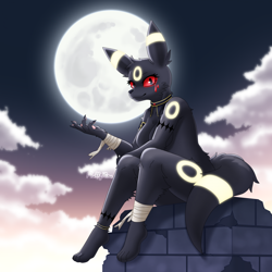 Size: 1920x1920 | Tagged: safe, artist:fluffyhinu, eeveelution, fictional species, mammal, umbreon, anthro, digitigrade anthro, nintendo, pokémon, 2023, breasts, detailed background, digital art, ears, eyelashes, female, fur, hair, pose, sitting, solo, solo female, tail, thighs, wide hips