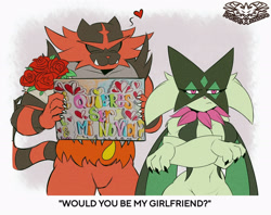 Size: 2154x1710 | Tagged: safe, artist:knightmnlight98, fictional species, incineroar, mammal, meowscarada, anthro, nintendo, pokémon, spoiler:pokémon gen 9, spoiler:pokémon scarlet and violet, 2023, board, breasts, crossed arms, digital art, duo, duo male and female, ears, eyelashes, eyes closed, female, fur, hair, heart, male, mask, simple background, starter pokémon, tail, thighs, unamused, why me, wide hips