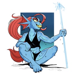 Size: 1080x1080 | Tagged: safe, artist:scottyartz, undyne (undertale), fictional species, fish, monster, anthro, undertale, 2023, barefoot, blue scales, breasts, claws, cleavage, clothes, crossed legs, eyepatch, feet, female, grin, panties, scales, sitting, solo, solo female, spear, tank top, thick thighs, thighs, toe claws, toes, topwear, underwear, weapon, wet body, yellow teeth