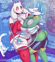 Size: 1072x1200 | Tagged: suggestive, artist:tentabat, tasque manager (deltarune), toriel (undertale), android, bovid, cat, feline, fictional species, goat, mammal, robot, anthro, feral, deltarune, undertale, spoiler:deltarune chapter 2, 2022, anthro/anthro, blushing, breast frottage, breast squish, breasts, butt, christmas, clothes, costume, detailed background, digital art, duo, duo female, ears, eyelashes, eyes closed, female, female/female, females only, fur, hair, holiday, huge breasts, legwear, mature, mature female, panties, rear view, santa costume, sideboob, stockings, tail, thighs, underwear, wide hips
