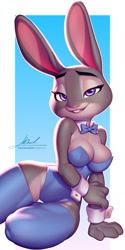 Size: 635x1269 | Tagged: safe, alternate version, artist:pakwan008, judy hopps (zootopia), lagomorph, mammal, rabbit, anthro, disney, zootopia, 2023, bedroom eyes, border, breasts, clothes, detailed background, digital art, ears, eyelashes, female, fur, legwear, leotard, looking at you, pink nose, pose, signature, solo, solo female, stockings, tail, thighs, white border, wide hips