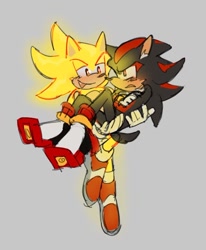 Size: 754x915 | Tagged: safe, artist:tinyaibou, shadow the hedgehog (sonic), sonic the hedgehog (sonic), hedgehog, mammal, sega, sonic the hedgehog (series), black body, black fur, carrying, clothes, duo, duo male, fur, gloves, male, male/male, males only, multicolored body, multicolored fur, red body, red eyes, red fur, shipping, shoes, sonadow (sonic), super sonic, two toned body, two toned fur, yellow body, yellow fur