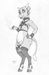 Size: 1123x1694 | Tagged: suggestive, artist:ecmajor, laughing cow (the laughing cow), bovid, cattle, cow, mammal, anthro, unguligrade anthro, the laughing cow, 2023, belly button, cigarette, clothes, cloven hooves, collar, dewclaw, ear piercing, ears, female, fur, harness, hooves, horns, legwear, looking at you, monochrome, nudity, piercing, signature, simple background, smoking, solo, solo female, spiked collar, standing, stockings, tack, tail, tail piercing, tail tuft, tattoo, teats, traditional art, udders, white background, womb tattoo