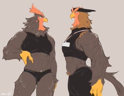 Size: 1505x1161 | Tagged: safe, artist:washlet_mskm, bird, chicken, galliform, anthro, 2023, 2d, abs, beak, clothes, crop top, feathers, female, hen, male, muscles, muscular female, muscular male, rooster, sports bra, sports panties, sports pants, sports top, tail, topwear