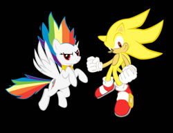 Size: 900x690 | Tagged: safe, artist:geonine, rainbow dash (mlp), sonic the hedgehog (sonic), equine, fictional species, hedgehog, mammal, pegasus, pony, anthro, feral, plantigrade anthro, friendship is magic, hasbro, my little pony, sega, sonic the hedgehog (series), crossover, duo, duo male and female, female, male, mare, on model, super sonic