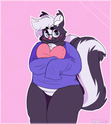 Size: 1821x2023 | Tagged: safe, artist:rozzyro, oc, oc only, mammal, skunk, anthro, 2023, belly, belly button, big butt, brown hair, butt, cheek fluff, chest fluff, chubby anthro, chubby male, cute, ear fluff, fat ass, fat belly, fat fur, fat squish, fluff, hair, half body, happy, heart, male, pink background, pink nose, plushie, shy, silly, simple background, sketch, slightly chubby, smiling, solo, solo male, tail, tail fluff, toy, violet sweater