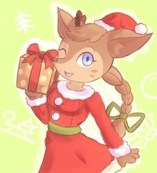 Size: 1400x1540 | Tagged: safe, artist:unknownlifeform, oc, oc only, oc:signia, oc:signia (unknownlifeform), cervid, deer, mammal, anthro, blue eyes, bow, christmas, clothes, colored background, colored pupils, costume, dress, eyelashes, female, gift, gift box, gift wrapped, hat, headwear, holding, holding object, holiday, holly, one eye closed, ornament, outfit, plant, present, ribbon, santa costume, santa dress, santa hat, sleigh, solo, solo female, tree, winking, wrapped up