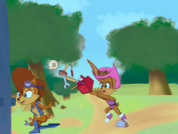 Size: 1280x960 | Tagged: safe, artist:christianizeddeomon, artist:theartcorner74, bunnie rabbot (sonic), princess sally acorn (sonic), chipmunk, lagomorph, mammal, rabbit, rodent, anthro, sega, sonic the hedgehog (satam), sonic the hedgehog (series), 2023, alternate universe, boots, clothes, commission, duo, duo female, female, females only, goggles, goggles on head, hat, headwear, jacket, rock, shoes, smiling, tape, toolbox, topwear, wrench