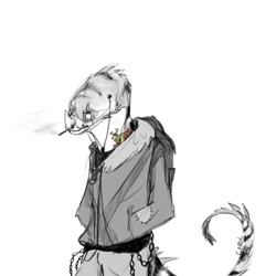 Size: 1280x1280 | Tagged: safe, artist:velow, oc, oc only, lizard, reptile, anthro, 2016, cowboy shot, gray body, grayscale, hands in pockets, male, monochrome, simple background, solo, solo male, tail, white background