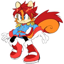 Size: 922x921 | Tagged: safe, artist:8xenon8, elias acorn (sonic), mammal, rodent, squirrel, anthro, archie sonic the hedgehog, sega, sonic the hedgehog (series), 2023, blue eyes, boots, brown body, brown fur, cheek fluff, clothes, fluff, full body, fur, gloves, hair, male, red hair, shoes, simple background, solo, solo male, tail, white background