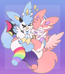 Size: 1719x1956 | Tagged: safe, artist:luvbunny, eeveelution, fictional species, mammal, sylveon, anthro, nintendo, pokémon, ambiguous gender, bell, bell collar, blue body, blue fur, clothes, collar, curled hair, duo, embrace, feathered wings, feathers, fluff, fluffy (luvbunny), fur, generation 6 pokemon, hair, halo, high res, horn, hug, laugh, legwear, membrane (anatomy), piercing, pink body, pink fur, pokemon (species), purple mouth, quiz (luvbunny), short hair, spiked collar, spikes, tail, tail fluff, thick thighs, thigh highs, thighs, webbed wings, wings, yellow mouth