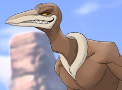Size: 1042x767 | Tagged: safe, artist:revheadarts, sierra (the land before time), pterosaur, reptile, feral, sullivan bluth studios, the land before time, 2023, 2d, brown body, cearadactylus, evil grin, grin, male, orange eyes, rock, solo, solo male