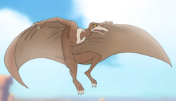 Size: 1179x678 | Tagged: safe, artist:revheadarts, sierra (the land before time), pterosaur, reptile, feral, sullivan bluth studios, the land before time, 2023, 2d, angry, beak, brown body, cearadactylus, cloud, colored sclera, day, flying, male, open beak, open mouth, sky, solo, solo male, spread wings, wings, yellow sclera