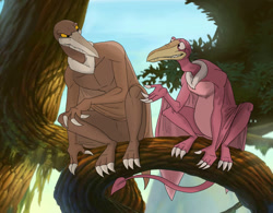 Size: 1012x790 | Tagged: safe, artist:revheadarts, rinkus (the land before time), sierra (the land before time), pterosaur, reptile, feral, sullivan bluth studios, the land before time, 2023, 2d, brown body, cearadactylus, colored sclera, duo, duo male, looking at each other, male, males only, orange sclera, pink body, plant, rhamphorynchus, sitting, tree