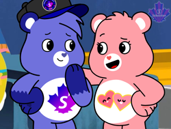 Size: 2712x2052 | Tagged: safe, artist:mrstheartist, edit, edited screencap, screencap, love-a-lot bear (care bears), oc, oc:creative bear, bear, fictional species, mammal, semi-anthro, care bears, care bears: unlock the magic, apology, belly badges, black outline, cap, care bear, couple, duo, duo male and female, eye contact, female, hat, headwear, looking at each other, love and creativity (care bears / oc), male, open mouth, show accurate