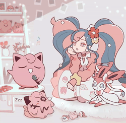 Size: 800x780 | Tagged: safe, artist:mikripkm, miku hatsune (vocaloid), clefairy, eeveelution, fictional species, human, jigglypuff, mammal, sylveon, anthro, nintendo, pokémon, vocaloid, 2023, 2d, 2d animation, animated, black nose, body writing, bottomwear, clothes, detailed background, digital art, dress, ears, eyelashes, eyes closed, fur, gif, marker, microphone, on model, ribbons (body part), singing, sleeping, tail, thighs, unamused