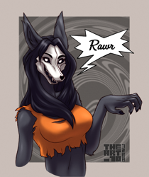Size: 1651x1962 | Tagged: safe, artist:theart 10, scp-1471-a (scp), canine, mammal, wolf, anthro, scp, 2023, black nose, breasts, clothes, crop top, cropped shirt, detailed background, digital art, ears, eyelashes, female, fur, hair, half body, midriff, solo, solo female, topwear
