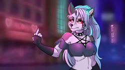 Size: 1920x1080 | Tagged: safe, artist:amber_wind, loona (vivzmind), canine, fictional species, hellhound, mammal, anthro, hazbin hotel, helluva boss, 2023, black nose, breasts, clothes, collar, colored sclera, crop top, cropped shirt, detailed background, digital art, ears, eyelashes, female, fingerless gloves, fingers, fur, gloves, half body, middle finger, midriff, red sclera, solo, solo female, spiked collar, tail, topwear, vulgar, wide hips