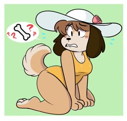 Size: 850x811 | Tagged: safe, artist:kabula_actn, oc, oc only, canine, dog, mammal, anthro, 2023, clothes, female, hat, headwear, solo, solo female, swimsuit