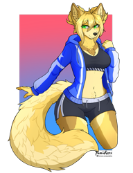 Size: 1681x2192 | Tagged: safe, artist:yumiiefox, oc, oc only, canine, fox, mammal, anthro, 2023, bedroom eyes, bottomwear, breasts, clothes, commission, digital art, ears, eyelashes, female, fur, hair, jacket, shorts, simple background, solo, solo female, sports bra, sports shorts, tail, thighs, topwear, transparent background, vixen, wide hips