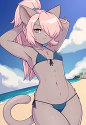 Size: 1034x1500 | Tagged: safe, artist:zeek_zag, cat, feline, mammal, anthro, 2023, arms behind head, beach, bikini, breasts, clothes, female, small breasts, solo, solo female, swimsuit, tail, wide hips