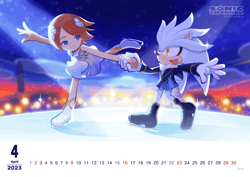 Size: 1600x1131 | Tagged: safe, artist:uno yuuji, official art, princess elise (sonic), silver the hedgehog (sonic), hedgehog, human, mammal, sega, sonic the hedgehog (2006 game), sonic the hedgehog (series), 2023, april, blurry, calendar, clothes, costume, duo, female, ice, ice skating, male, younger