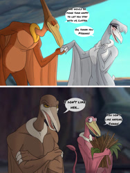 Size: 828x1103 | Tagged: safe, artist:revheadarts, rinkus (the land before time), sierra (the land before time), oc, oc:luster (revheadarts), pteranodon, pterosaur, reptile, feral, sullivan bluth studios, the land before time, 2023, 2d, beak, blushing, brown body, cearadactylus, colored sclera, comic, crossed arms, dialogue, english text, eyes closed, female, gray body, group, kissing, male, open beak, open mouth, orange sclera, pink body, plant, pterano (the land before time), red eyes, rhamphorynchus, speech bubble, talking, text