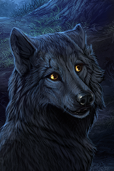 Size: 200x300 | Tagged: safe, official art, canine, mammal, wolf, feral, lifelike feral, ambiguous gender, black body, black fur, black nose, detailed background, fur, grass, low res, night, non-sapient, outdoors, realistic, solo, solo ambiguous, wolvden