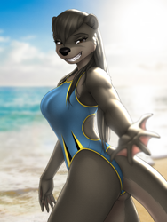 Size: 4500x6000 | Tagged: safe, artist:mykegreywolf, oc, oc only, oc:nat (mykegreywolf), mammal, mustelid, otter, anthro, 2023, beach, black nose, breasts, brown body, brown eyes, brown fur, butt, clothes, eyebrows, eyelashes, female, fur, hair, long hair, looking at you, one-piece swimsuit, outdoors, smiling, smiling at you, solo, solo female, swimsuit, webbed hands