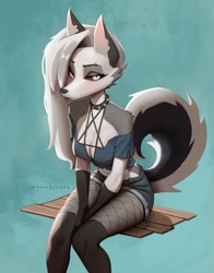 Size: 941x1200 | Tagged: safe, artist:danyj_art, loona (vivzmind), canine, fictional species, hellhound, mammal, anthro, hazbin hotel, helluva boss, 2023, blep, bottomwear, clothes, collar, crop top, cropped shirt, female, midriff, shirt, shorts, sitting, solo, solo female, spiked collar, tail, tongue, tongue out, topwear