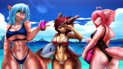 Size: 3840x2160 | Tagged: safe, artist:xaenyth, oc, oc only, cat, feline, fish, hybrid, mammal, shark, anthro, 2020, abs, ball, beach, beach ball, bedroom eyes, belly button, bikini, black nose, breasts, butt, clothes, commission, detailed background, digital art, ears, eyelashes, female, females only, fins, fish tail, hair, looking at you, muscles, ocean, pose, rear view, shark tail, sideboob, swimsuit, tail, thighs, trio, trio female, water, wide hips, ych result