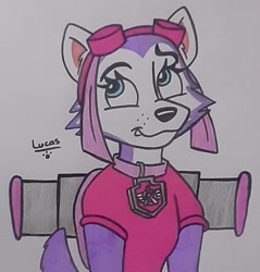 Size: 873x915 | Tagged: safe, artist:l21fanarts, everest (paw patrol), skye (paw patrol), canine, dog, husky, mammal, siberian husky, feral, nickelodeon, paw patrol, clothes, cosplay, goggles, jacket, mechanical wings, topwear, traditional art, wings