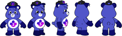 Size: 3660x1093 | Tagged: safe, artist:mrstheartist, oc, oc only, oc:creative bear, bear, fictional species, mammal, semi-anthro, care bears, care bears: unlock the magic, belly badge, black outline, canada, cap, care bear, digital art, front view, hat, headwear, high res, male, maple leaf, medibang paint, rear view, reference sheet, show accurate, simple background, turnaround, white background
