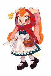 Size: 1365x2048 | Tagged: safe, artist:xammyoowah, cream the rabbit (sonic), little red riding hood (lrrh), lagomorph, mammal, rabbit, anthro, little red riding hood, sega, sonic the hedgehog (series), 2d, basket, blushing, bottomwear, bread, clothes, container, cosplay, cottagecore, crossover, dress, female, food, gloves, hood, looking at you, open mouth, open smile, shoes, simple background, smiling, smiling at you, socks, solo, solo female