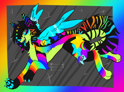 Size: 4060x3026 | Tagged: safe, artist:spoonfulofsuga, oc, oc only, oc:seizure (sos), canine, mammal, marsupial, sparkle dog, thylacine, feral, bright colors, chest fluff, claws, colored pupils, colored sclera, cyan eyes, eyestrain, fluff, fur, hair, male, neck fluff, paw pads, paws, pink eyes, simple background, solo, solo male, tail, tail fluff, teeth, watermark, wings