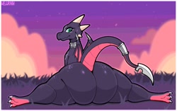 Size: 1510x948 | Tagged: safe, artist:welwraith, cynder the dragon (spyro), dragon, fictional species, anthro, spyro the dragon (series), the legend of spyro, 2023, butt, female, horns, huge butt, looking at you, looking back, looking back at you, raised tail, solo, solo female, spread legs, tail, thick thighs, thighs, wings