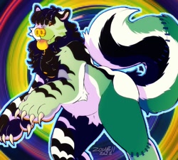 Size: 2000x1800 | Tagged: safe, artist:zombiegunk, oc, oc only, oc:zest, bear, big cat, feline, fictional species, hybrid, mammal, skunk, tiger, undead, zombie, anthro, abstract background, claws, fur, hair, intersex, intersex male, paw pads, paws, simple background, solo, stripes, top surgery scars