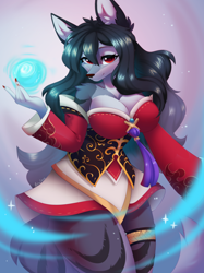Size: 1662x2217 | Tagged: safe, artist:alphadesu, ahri (league of legends), canine, fox, mammal, anthro, league of legends, 2023, big breasts, breasts, clothes, costume, female, halloween, halloween costume, magic, solo, solo female, tail, thick thighs, thighs, wide hips