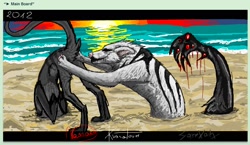 Size: 716x414 | Tagged: safe, artist:grinu, oc, oc only, canine, mammal, feral, 2012, ambiguous gender, ambiguous only, beach, digital art, duo, duo ambiguous, sunrise, water