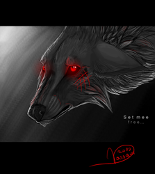 Size: 987x1106 | Tagged: safe, artist:grinu, oc, oc:warrior (grinu), canine, demon, fictional species, mammal, wolf, feral, 2012, ambiguous gender, black nose, digital art, fur, gray body, gray fur, red eyes, solo, solo ambiguous