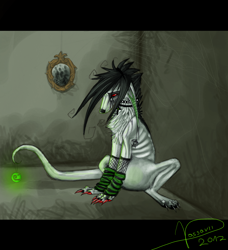 Size: 2110x2310 | Tagged: safe, artist:grinu, oc, oc only, canine, mammal, feral, 2012, ambiguous gender, arm warmers, black eyes, black hair, black sclera, clothes, colored sclera, digital art, emo, fishnet armwear, hair, indoors, red eyes, solo, solo ambiguous, wall