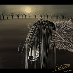 Size: 1000x1000 | Tagged: safe, artist:grinu, oc, oc only, canine, mammal, wolf, feral, 2012, ambiguous gender, black hair, black nose, brown body, brown fur, digital art, emo, fluff, fur, hair, neck fluff, sad, solo, solo ambiguous